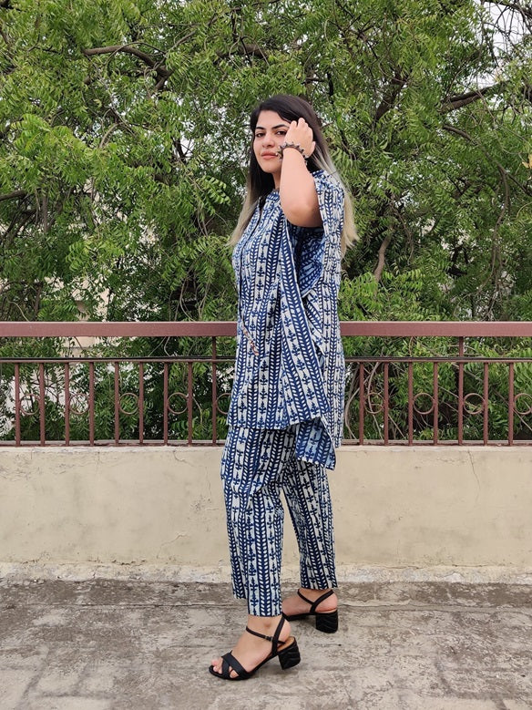 Indigo White Hand Block Printed Shirt Kaftan Coordinated Set