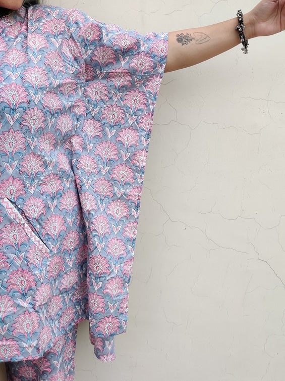Grey Pink Hand Block Printed Shirt Kaftan Coordinated Set