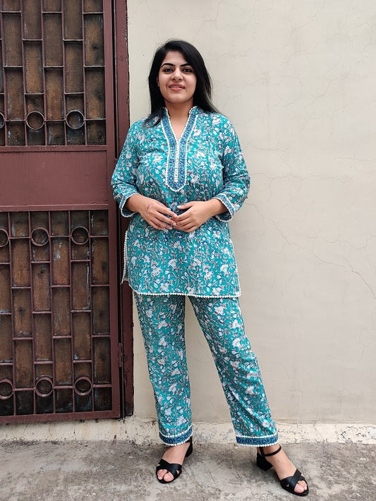 Green Blue Hand Block Printed Short Kurti Coordinated Set with Lace Detailing