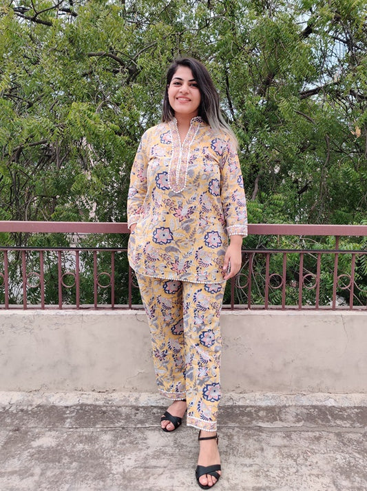 Yellow Peach Hand Block Printed Short Kurti Coordinated Set with Lace Detailing