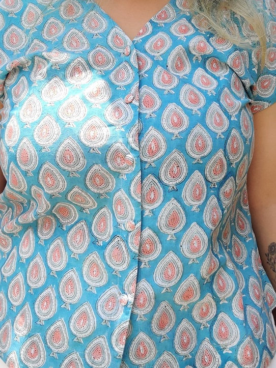 Blue Pink Hand Block Printed Shirt with Mega Sleeves