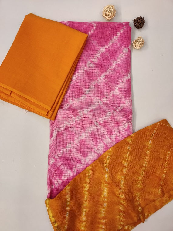 Pink Yellow Shibori Hand Block Printed Kota Suit Set