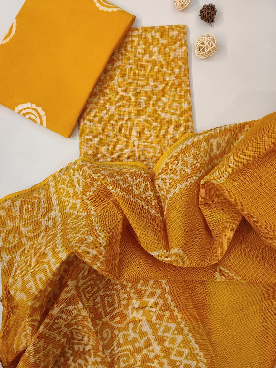 Yellow Hand Block Printed Cotton Kota Suit Set
