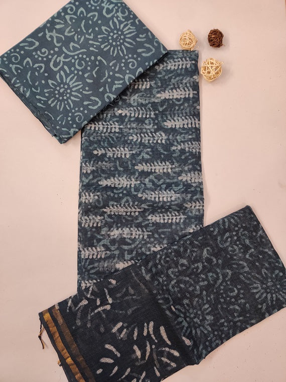 Teal Dabu Hand Block Printed Cotton Kota Suit Set