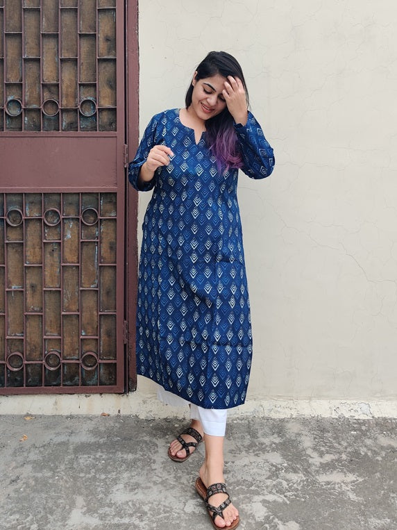 Indigo Dabu Hand Block Printed Cotton Long Kurta