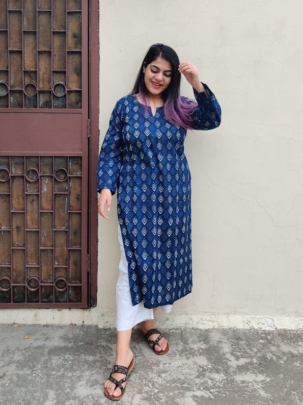 Indigo Dabu Hand Block Printed Cotton Long Kurta