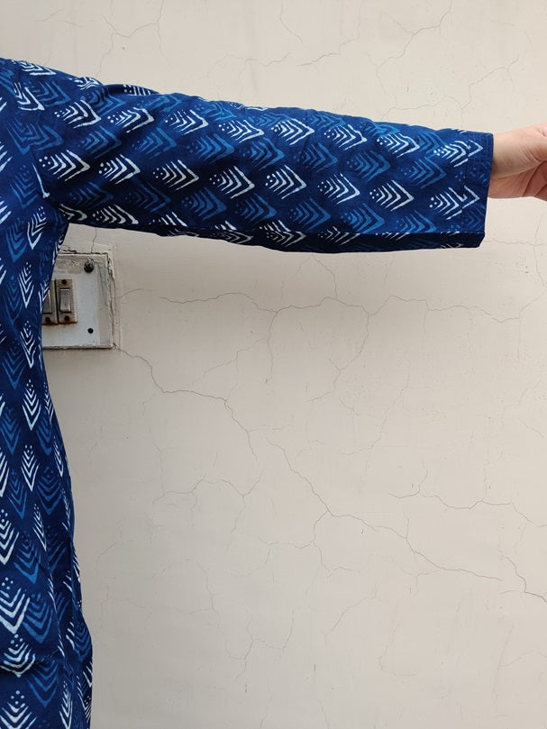 Indigo Dabu Hand Block Printed Cotton Long Kurta