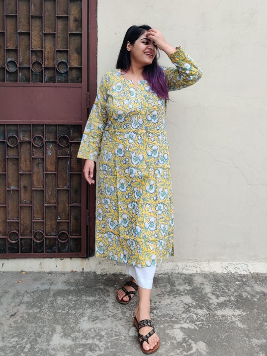 Yellow Blue Floral Hand Block Printed Cotton Long Kurta