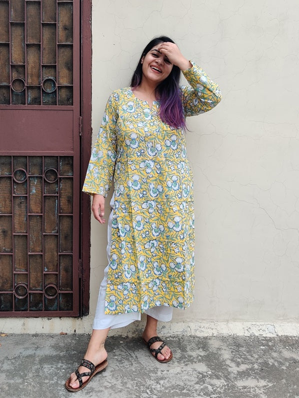 Yellow Blue Floral Hand Block Printed Cotton Long Kurta