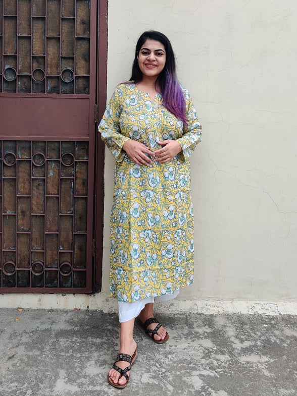 Yellow Blue Floral Hand Block Printed Cotton Long Kurta