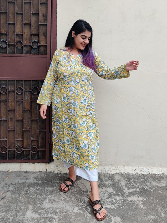 Yellow Blue Floral Hand Block Printed Cotton Long Kurta