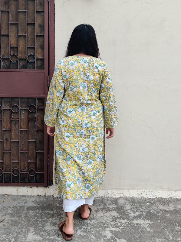 Yellow Blue Floral Hand Block Printed Cotton Long Kurta