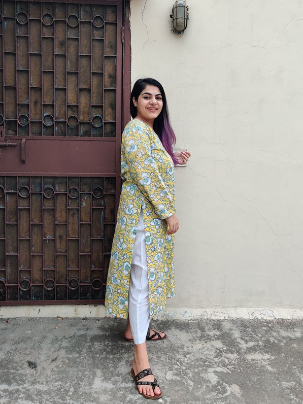 Yellow Blue Floral Hand Block Printed Cotton Long Kurta