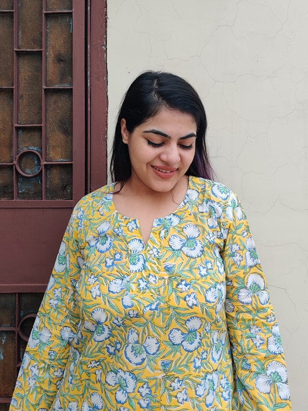 Yellow Blue Floral Hand Block Printed Cotton Long Kurta