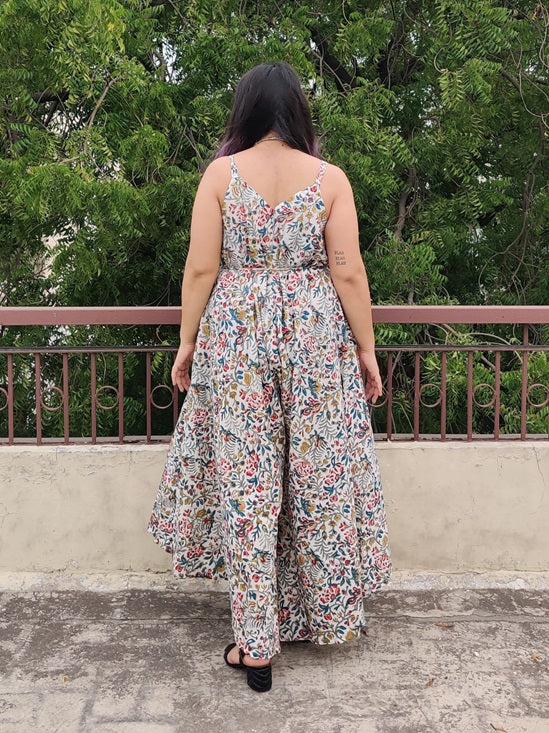 White Multicolor Hand Block Printed Floral Flared Jumpsuit