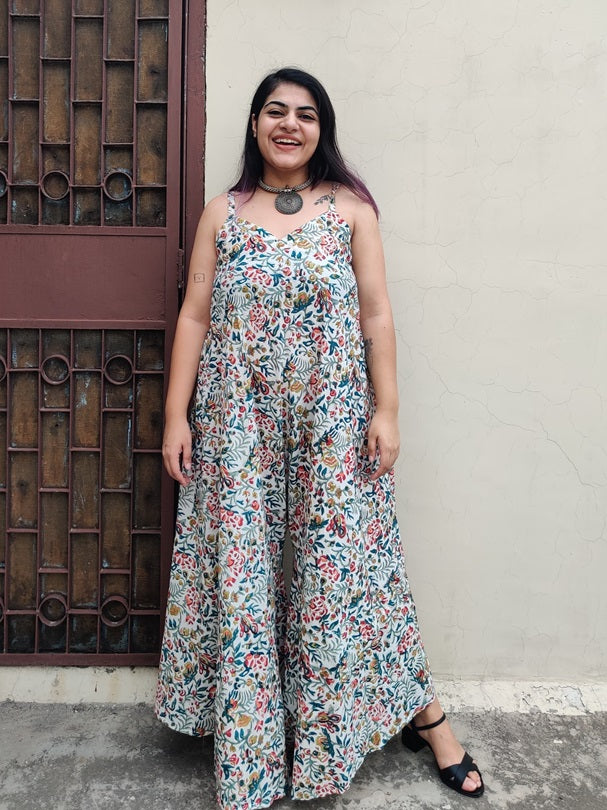 White Multicolor Hand Block Printed Floral Flared Jumpsuit