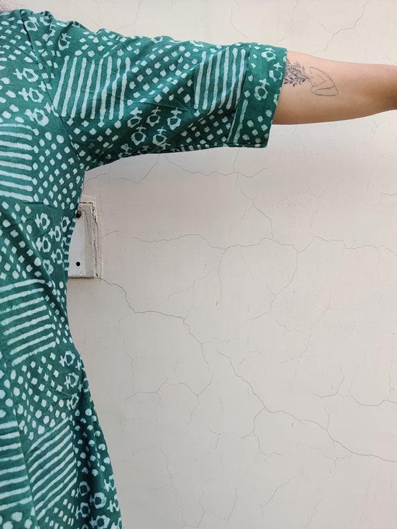 Teal Dabu Tiles Hand Block Printed A Line Maxi Shirt Dress
