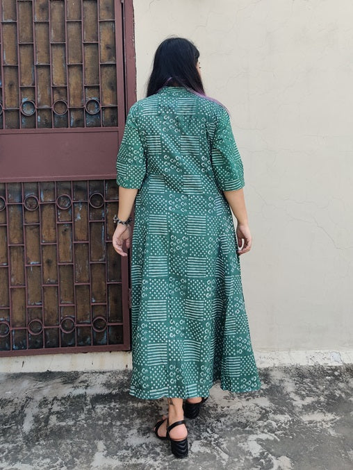 Teal Dabu Tiles Hand Block Printed A Line Maxi Shirt Dress