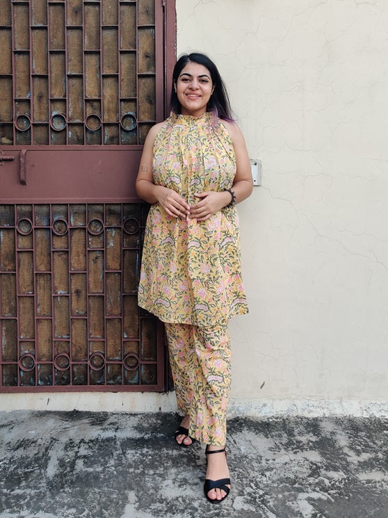 Yellow Floral Hand Block Printed Halter Neck Coordinated Set