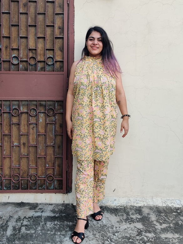 Yellow Floral Hand Block Printed Halter Neck Coordinated Set