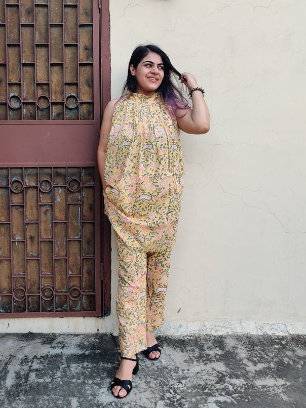 Yellow Floral Hand Block Printed Halter Neck Coordinated Set