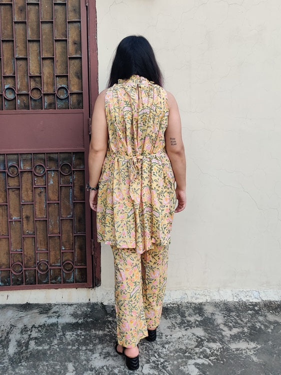 Yellow Floral Hand Block Printed Halter Neck Coordinated Set