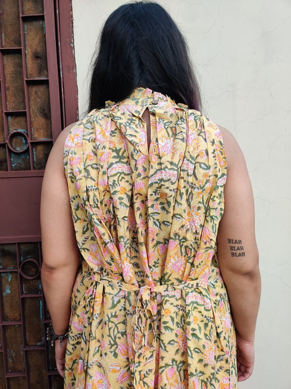 Yellow Floral Hand Block Printed Halter Neck Coordinated Set