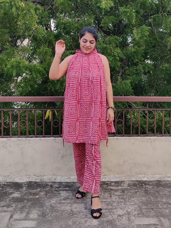 Pink Dabu Hand Block Printed Halter Neck Coordinated Set