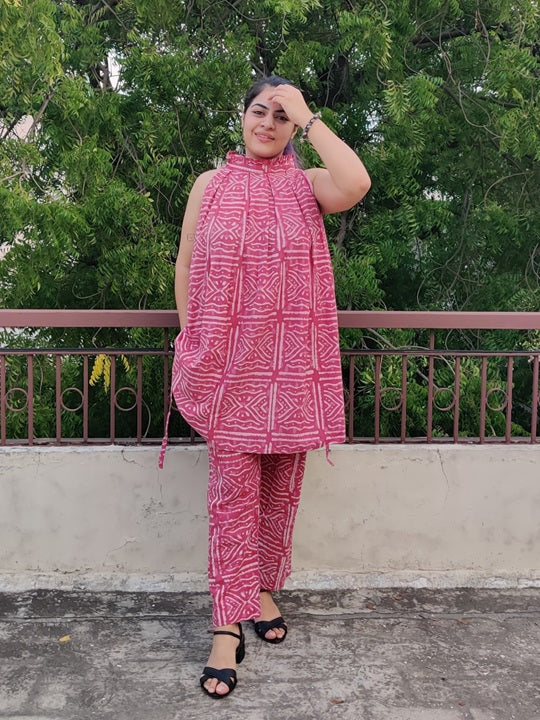 Pink Dabu Hand Block Printed Halter Neck Coordinated Set