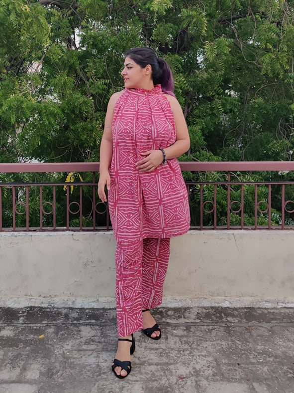 Pink Dabu Hand Block Printed Halter Neck Coordinated Set