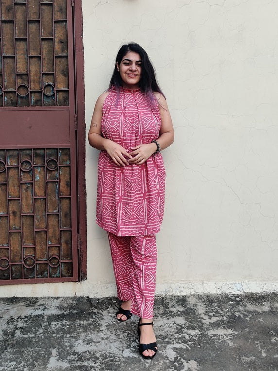 Pink Dabu Hand Block Printed Halter Neck Coordinated Set