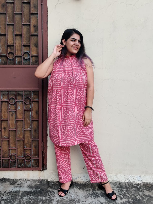 Pink Dabu Hand Block Printed Halter Neck Coordinated Set