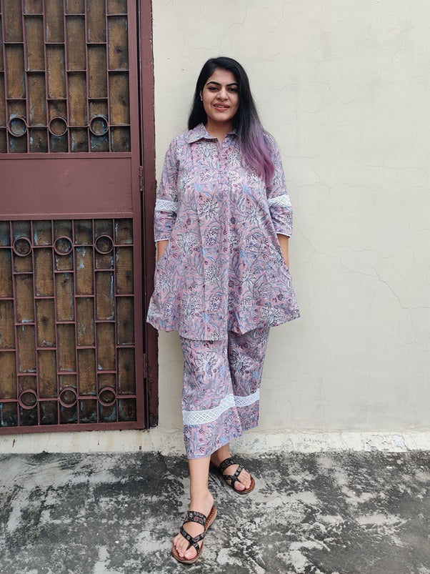 Lavender Hand Block Printed Comfort Fit Coordinated Set with Lace Detailing