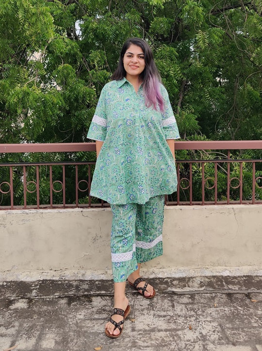Green Blue Hand Block Printed Comfort Fit Coordinated Set with Lace Detailing