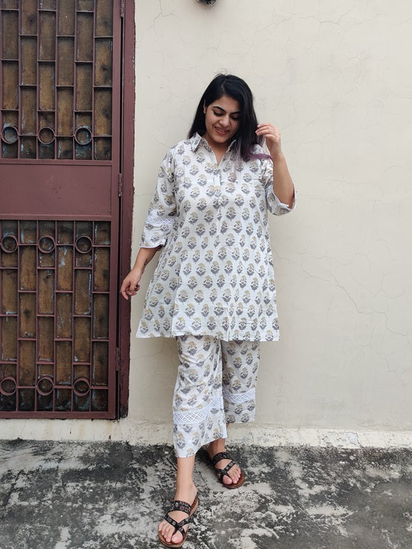 White Grey Hand Block Printed Comfort Fit Coordinated Set with Lace Detailing
