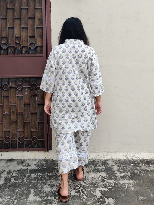 White Grey Hand Block Printed Comfort Fit Coordinated Set with Lace Detailing