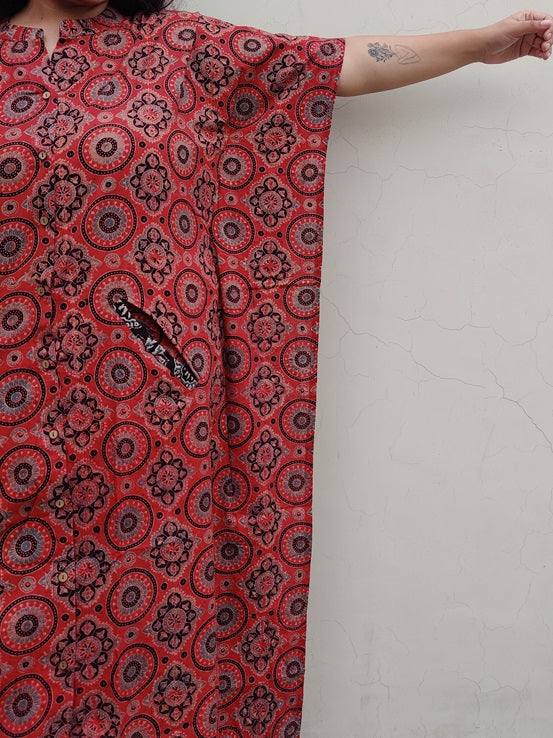 Red Ajrakh Cotton Hand Block Printed High Low Long Shirt Kaftan