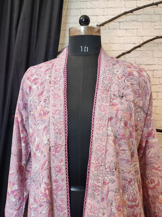 Purple Floral Hand Block Printed Shrug Overlay with Lace Detailing
