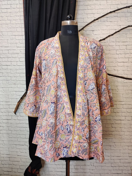 Peach Floral Hand Block Printed Shrug Overlay with Lace Detailing