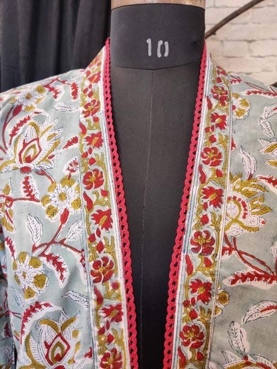 Green Red Floral Hand Block Printed Shrug Overlay with Lace Detailing