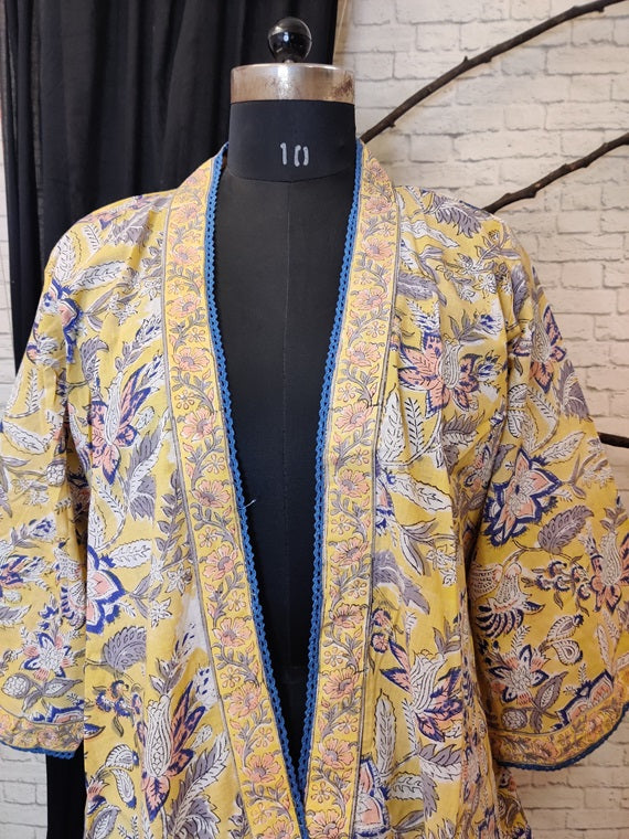 Yellow Blue Floral Hand Block Printed Shrug Overlay with Lace Detailing