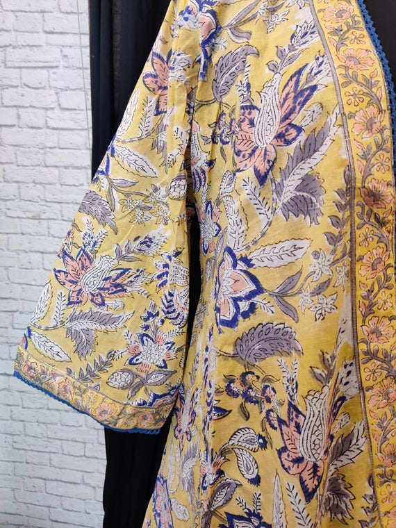 Yellow Blue Floral Hand Block Printed Shrug Overlay with Lace Detailing