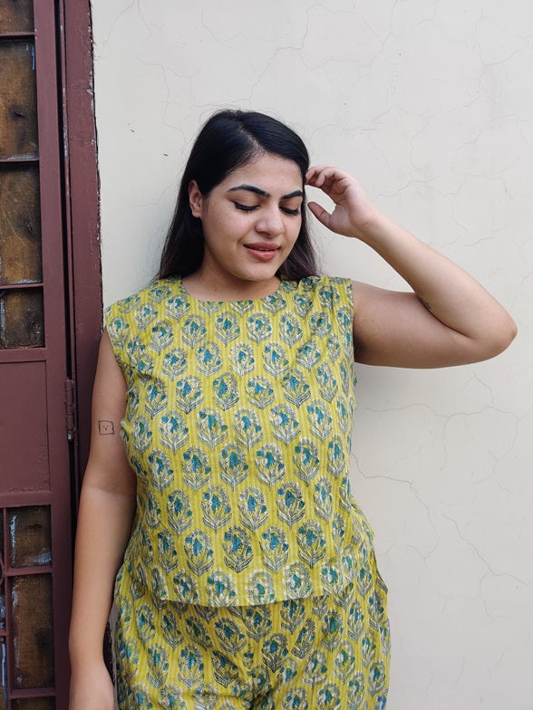 Yellow Hand Block Printed Coordinated Set with Sleeves Top and Plazzo Pants