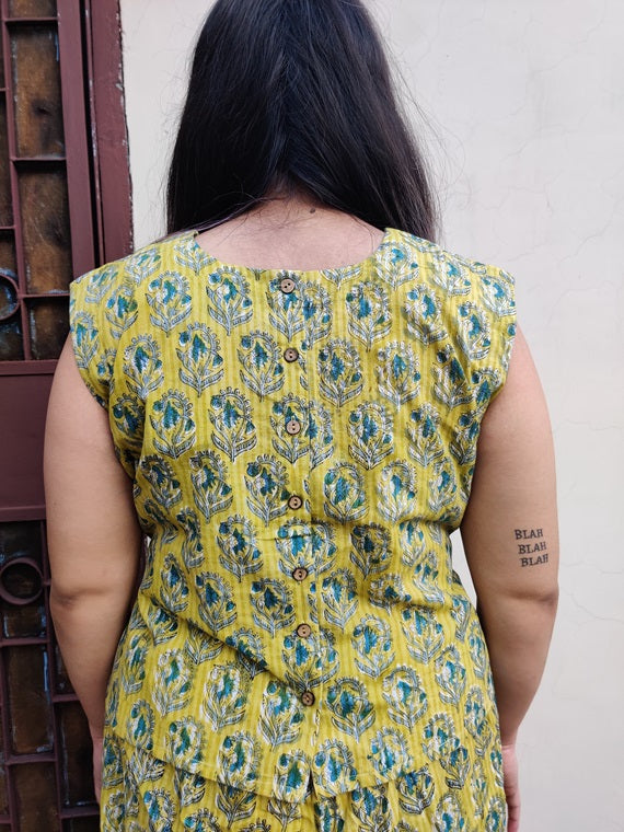 Yellow Hand Block Printed Coordinated Set with Sleeves Top and Plazzo Pants