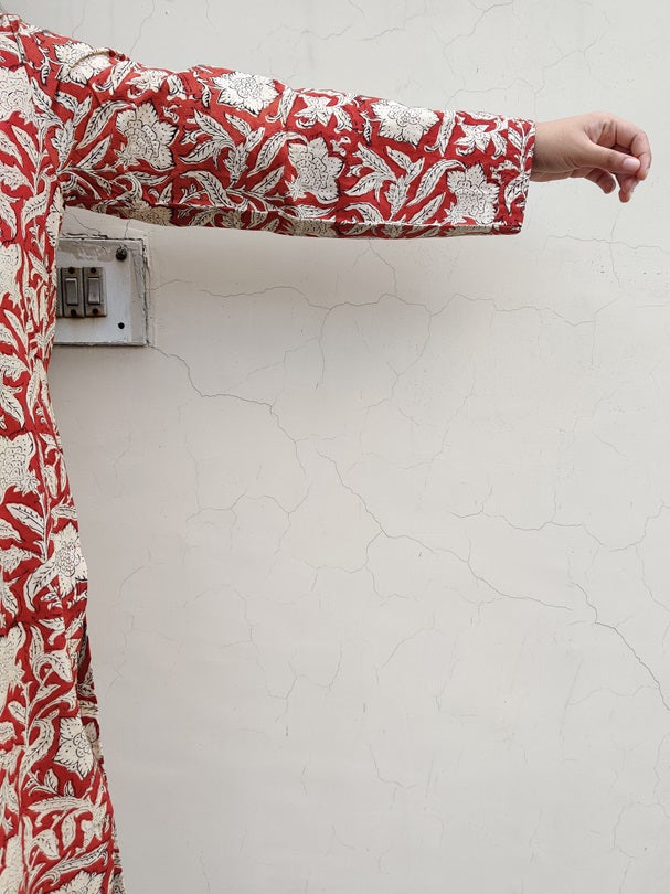 Red Bagru Hand Block Printed Cotton Long Kurta