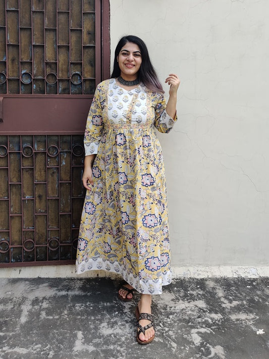 Rosa Hand Block Printed Patch Flared Maxi Dress