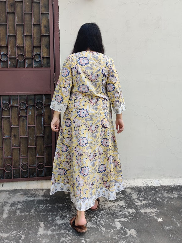 Rosa Hand Block Printed Patch Flared Maxi Dress