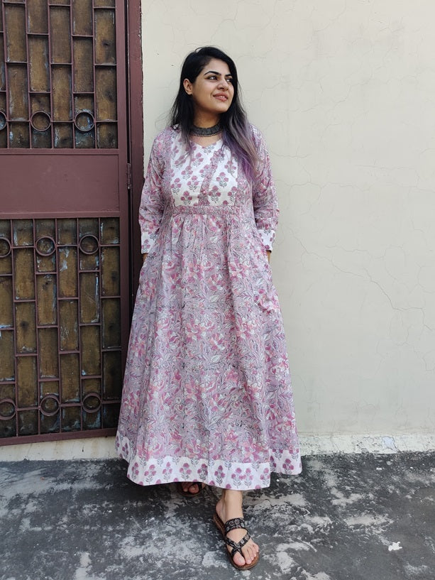 Moonflower Hand Block Printed Patch Flared Maxi Dress