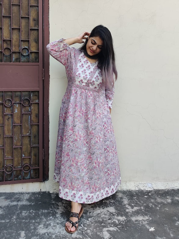 Moonflower Hand Block Printed Patch Flared Maxi Dress