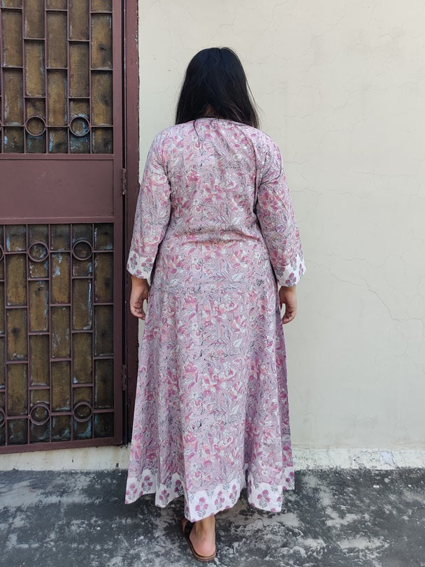 Moonflower Hand Block Printed Patch Flared Maxi Dress